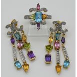 1 Set: Ring/Ohrschmuck, je GG 18ct., mit Multicolor-Edelsteinen und kleinen Diamanten, Ringr. ca. 57