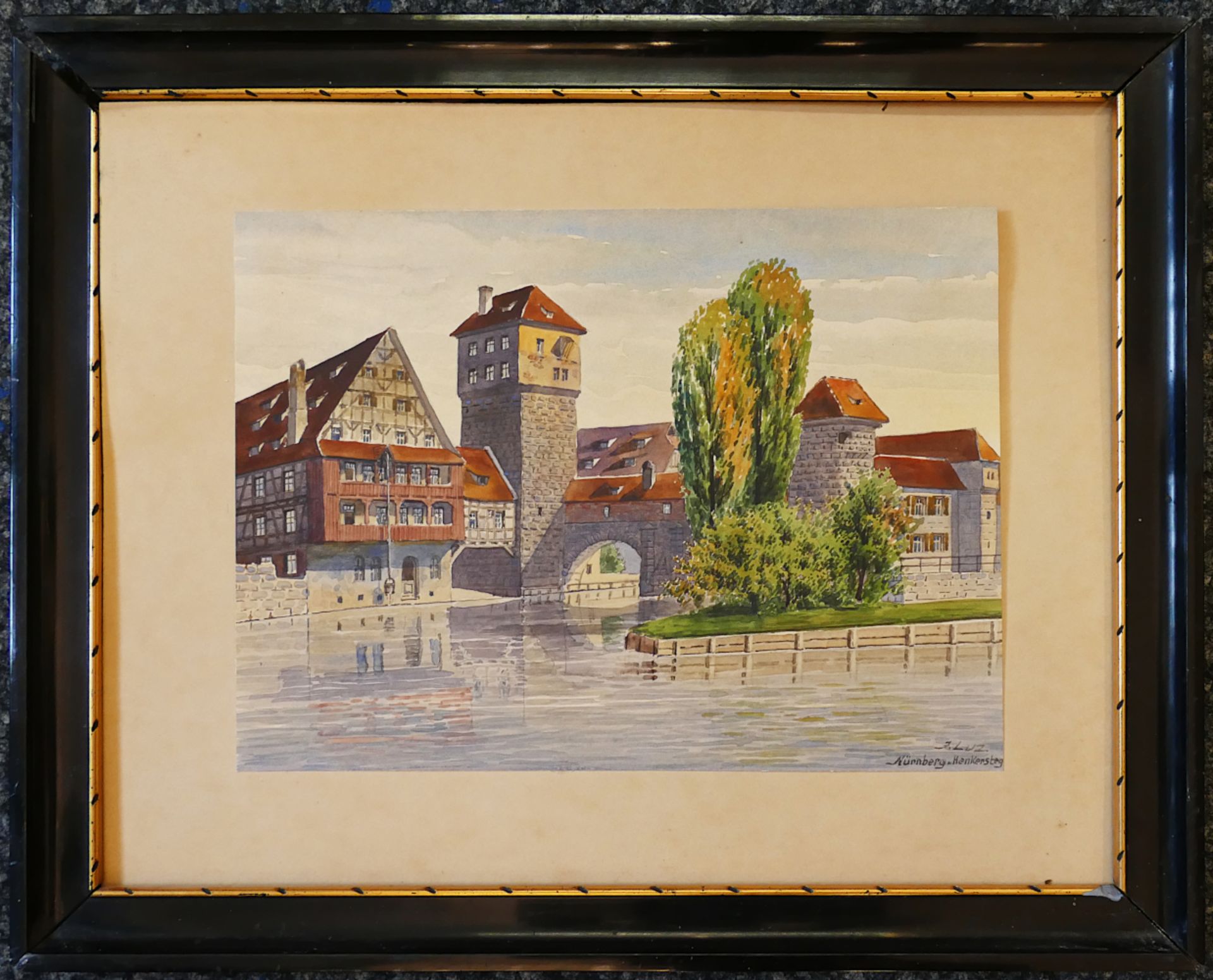 1 Aquarell r.u. sign. J. LUZ (20.Jh.) "Ansicht von Nürnberg mit Weinstadel und Henkersteg", - Bild 2 aus 5