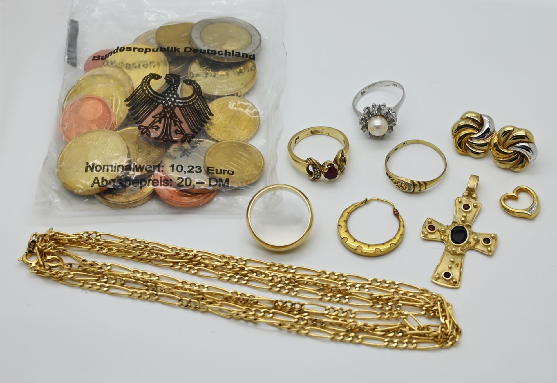 1 Konv. Schmuck: GG/WG je 14ct., z.T. mit kleinen Brillanten und Edelsteinen sowie 1 Euro-Starterkit