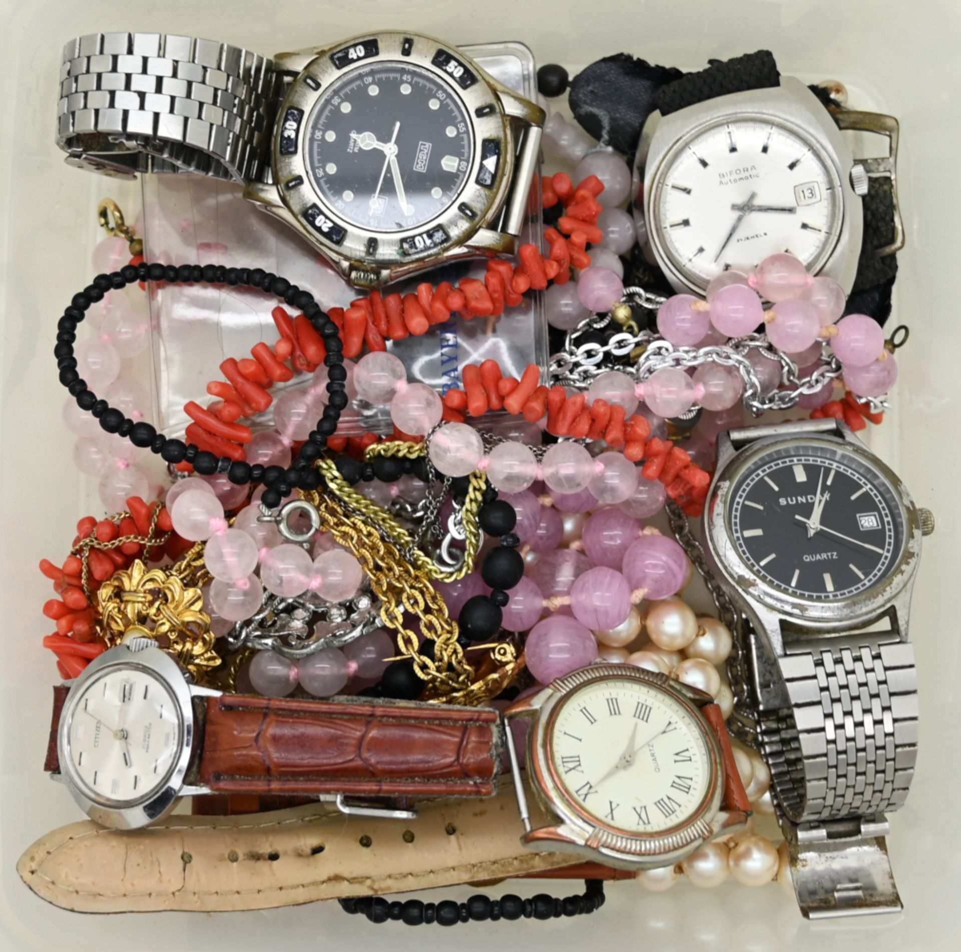 1 Konv. Schmuck/Armbanduhren: Mode/Metall u.a., wohl 2 Teile Silber, z.T. mit Rosenquarz, Korallen u - Bild 2 aus 2
