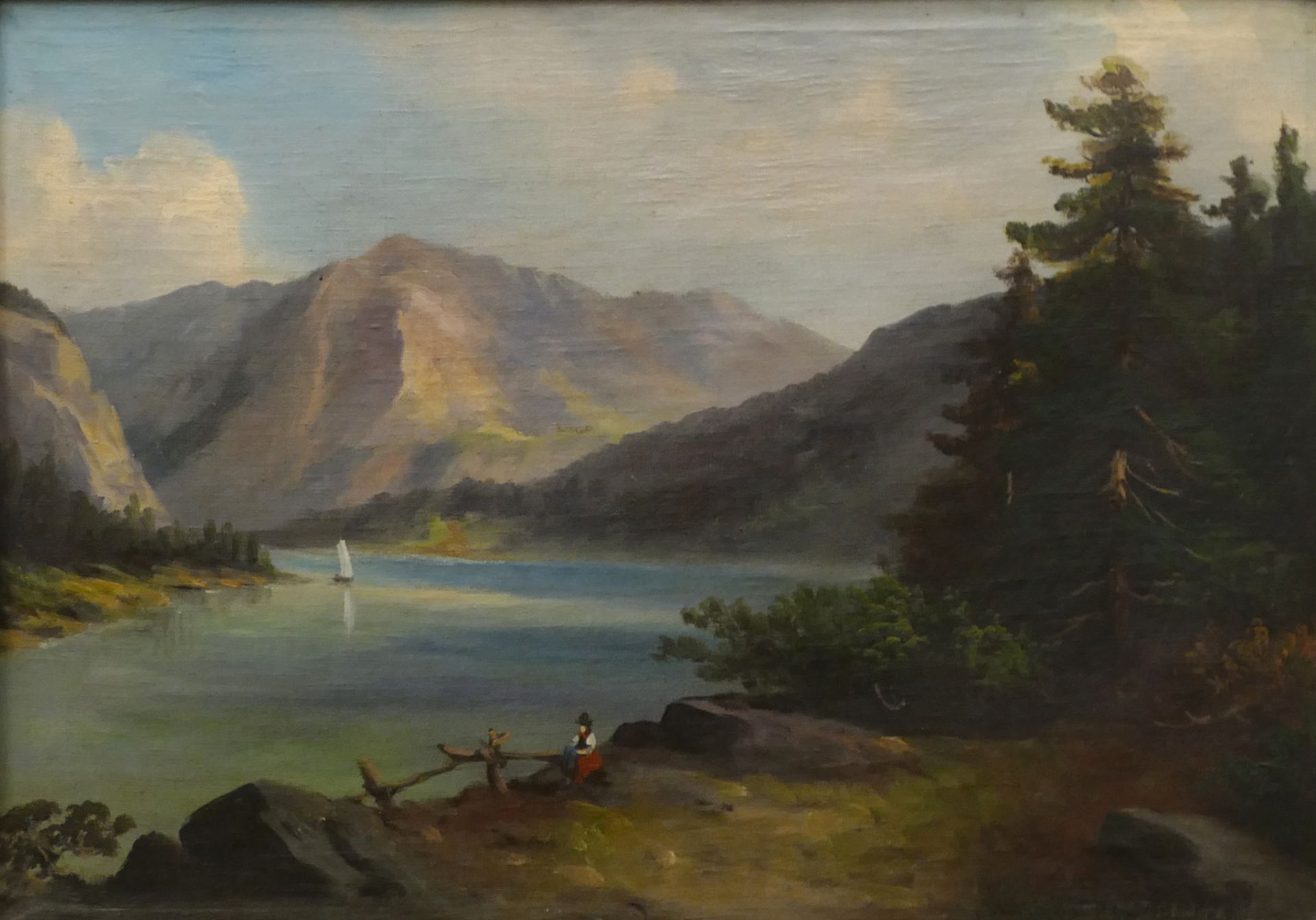 1 Ölgemälde unsign. (wohl Ende 19. Jh.) "Waldsee mit Gebirgskulisse" Öl/Lwd. ca. 44,5x62,5cm, 