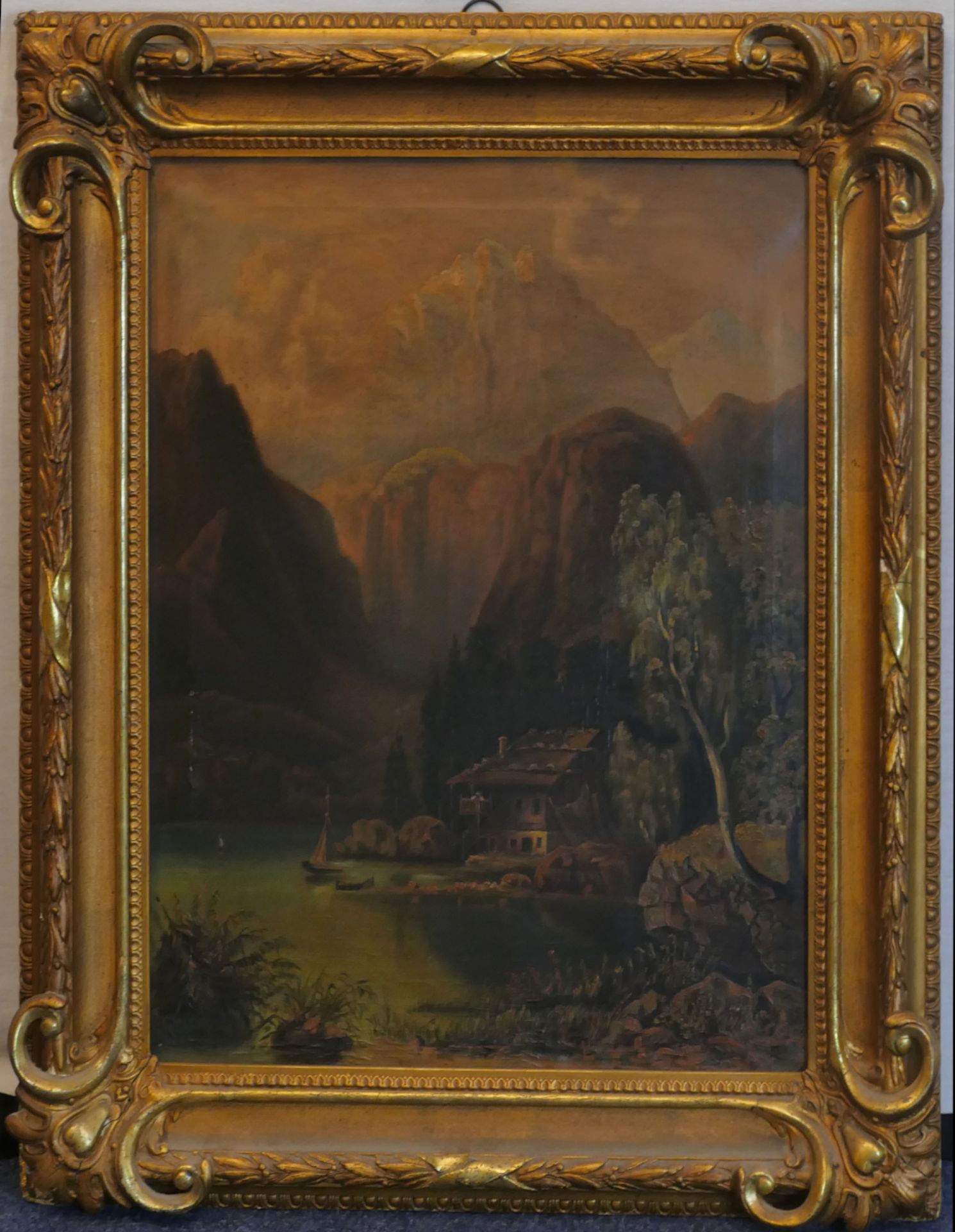 1 Ölgemälde 19.Jh. unsign. "Am See im Gebirge", Öl/ Lwd., ca. 59x46,5cm, Farbverluste, Rahmen, 79x65 - Image 2 of 3