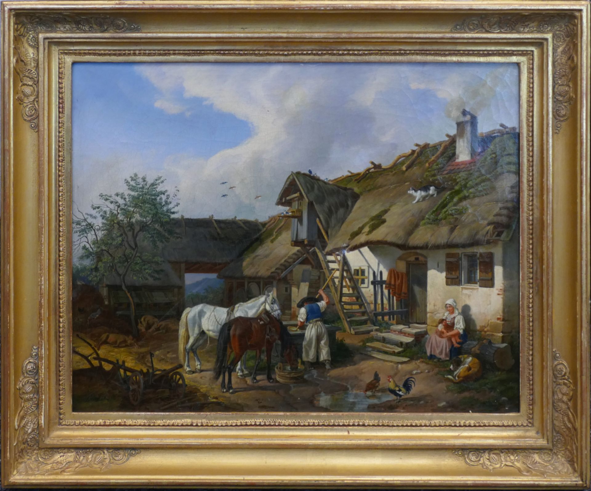 1 Ölgemälde l.u. sign. J. KLEIN (wohl Johann Adam K. 1792 Nürnberg-1875 München), "Idyllisches Hofle - Bild 2 aus 6