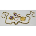 1 Konv. Schmuck: je GG 14ct., z.T. mit Amethysten und gefasster Goldmünze Österreich, je Asp./Tsp.