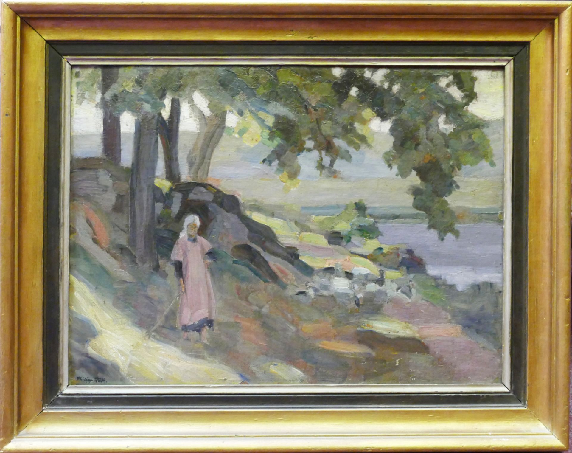 1 Ölgemälde l.u. sign. Philipp RÖTH (wohl 1841 Darmstadt-1921 München) "Landschaft mit Frau am Bachl - Bild 2 aus 4