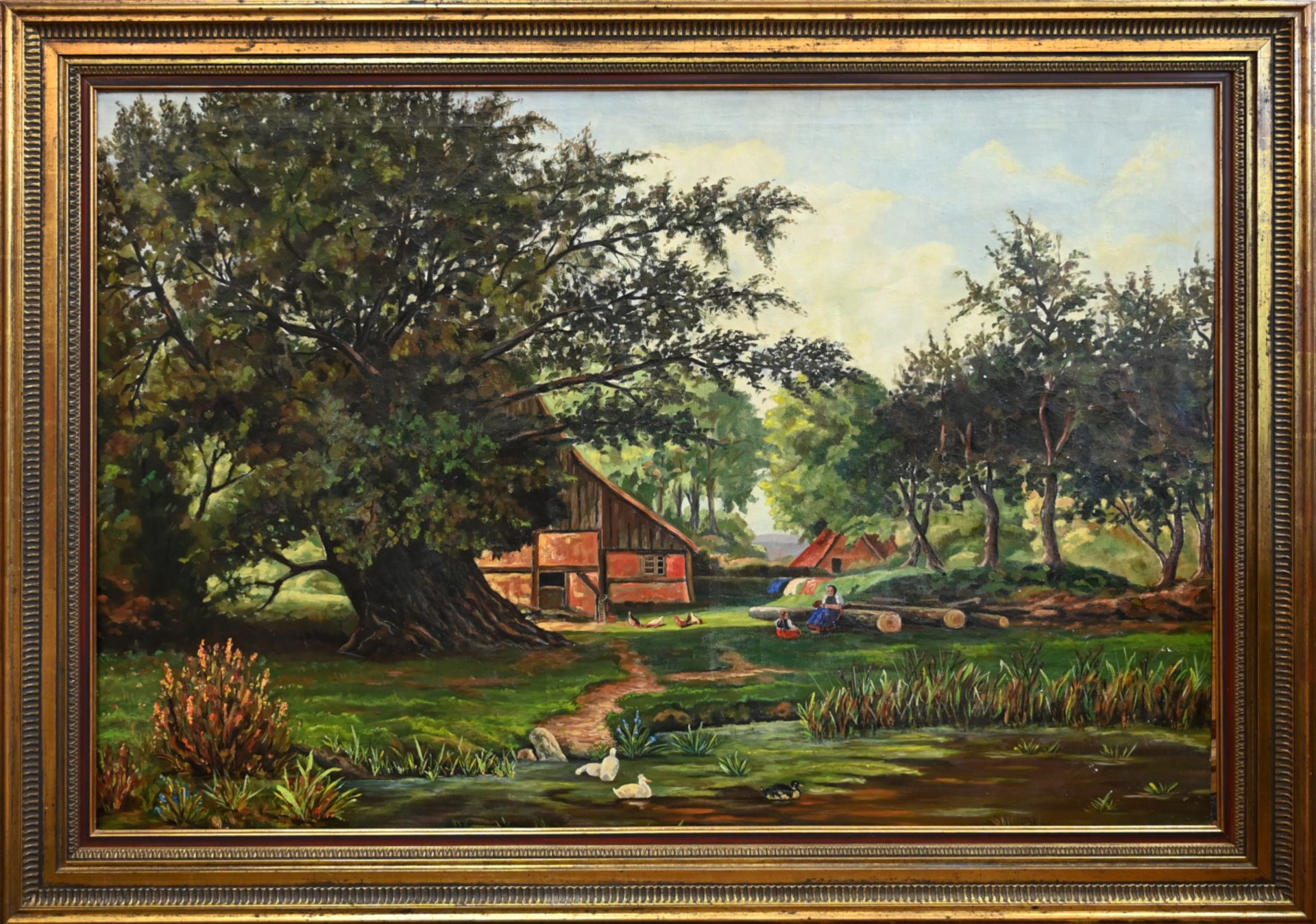 2 Ölgemälde 19./20. Jh. unsign. je Öl/Lwd. "Gartenidyll mit Personen und Tieren", ca.79x120cm, "Chri