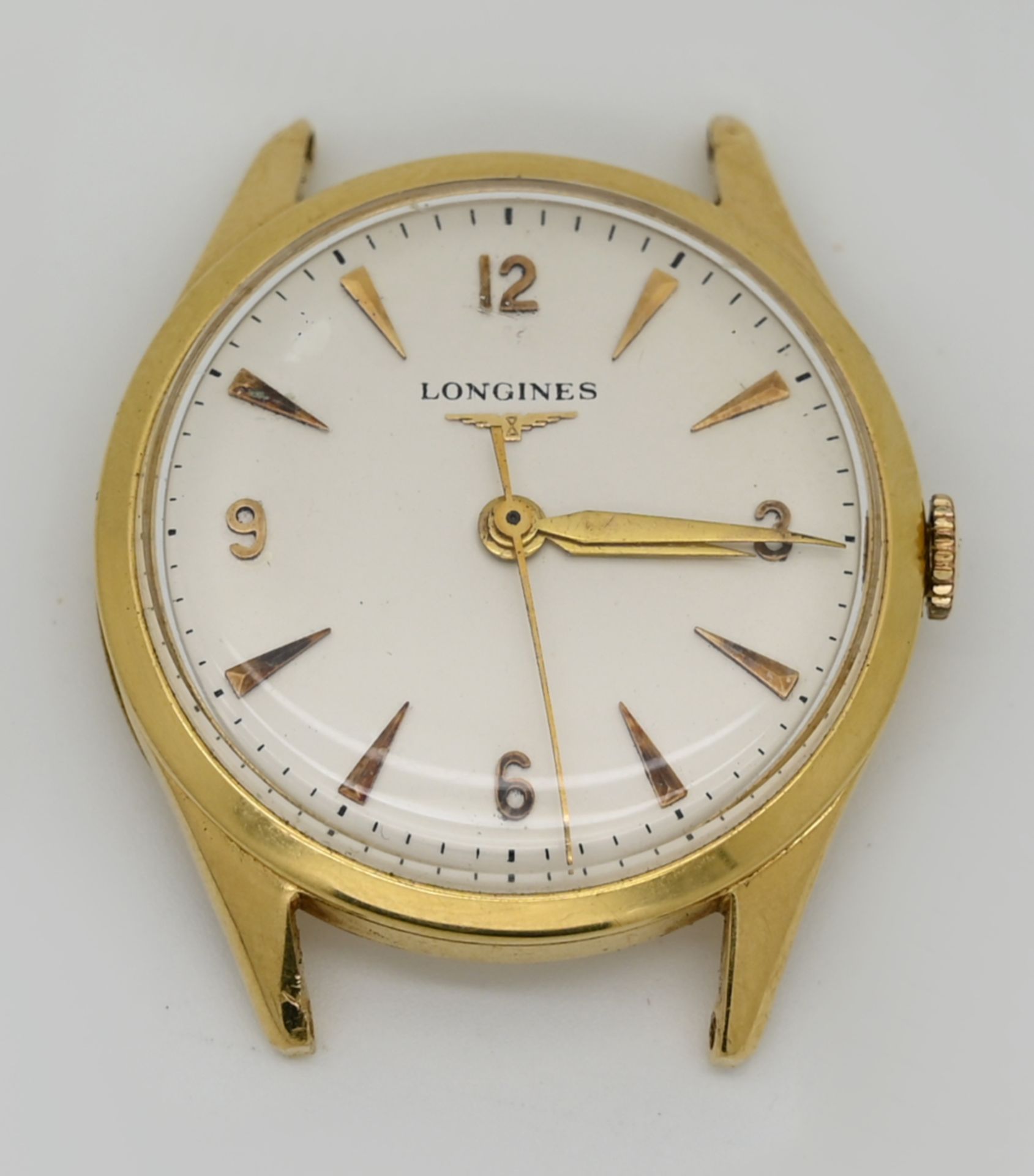 1 Armbanduhrengehäuse LONGINES, GG 18ct., Handaufzug, Uhr läuft an, Asp./Tsp. (optisch guter Zustand