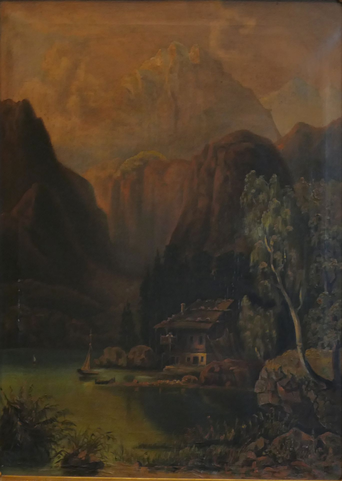 1 Ölgemälde 19.Jh. unsign. "Am See im Gebirge", Öl/ Lwd., ca. 59x46,5cm, Farbverluste, Rahmen, 79x65
