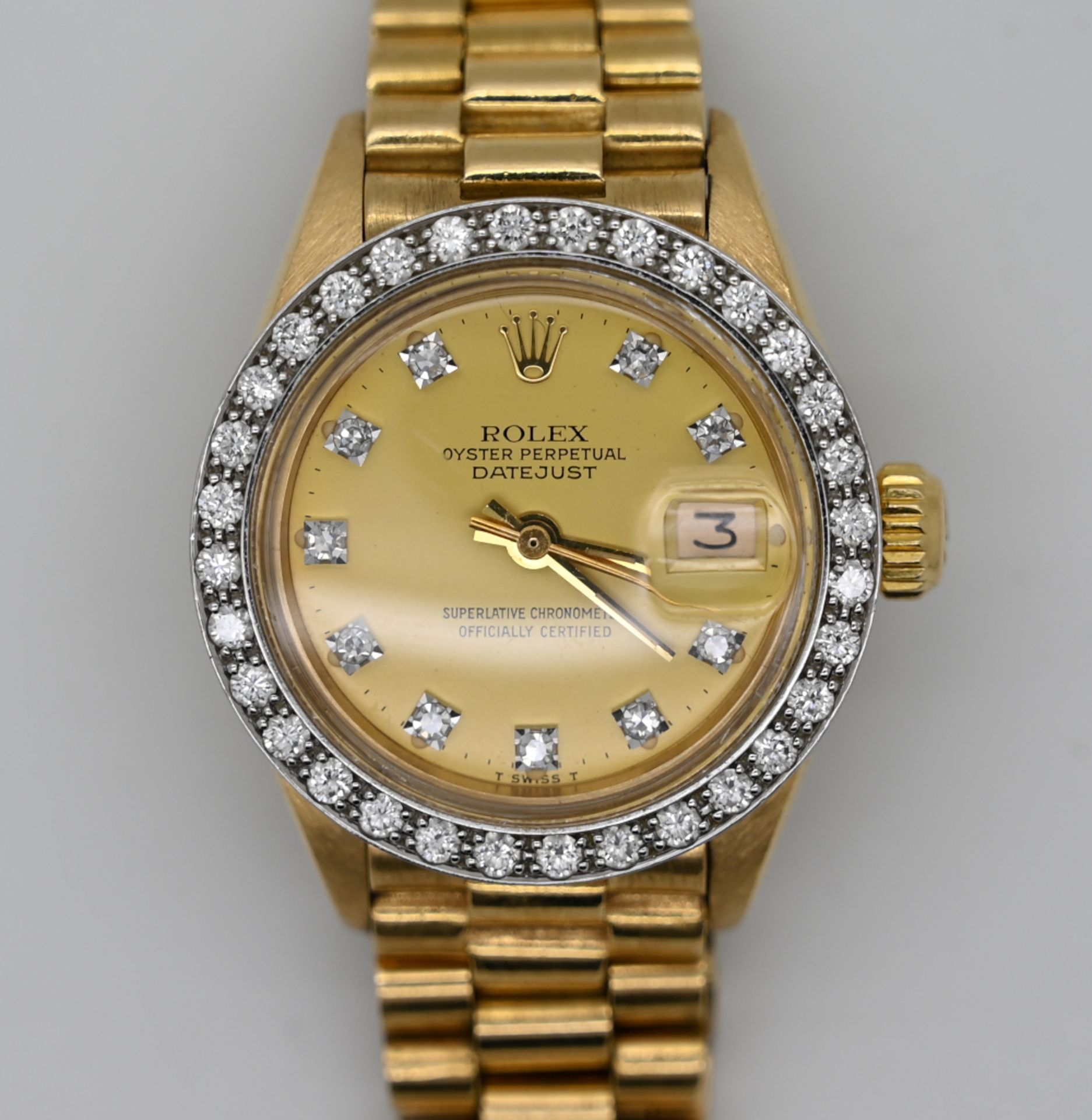 1 Damenarmbanduhr ROLEX GG 18ct., Oyster Perpetual Datejust, mit Garantieschein,