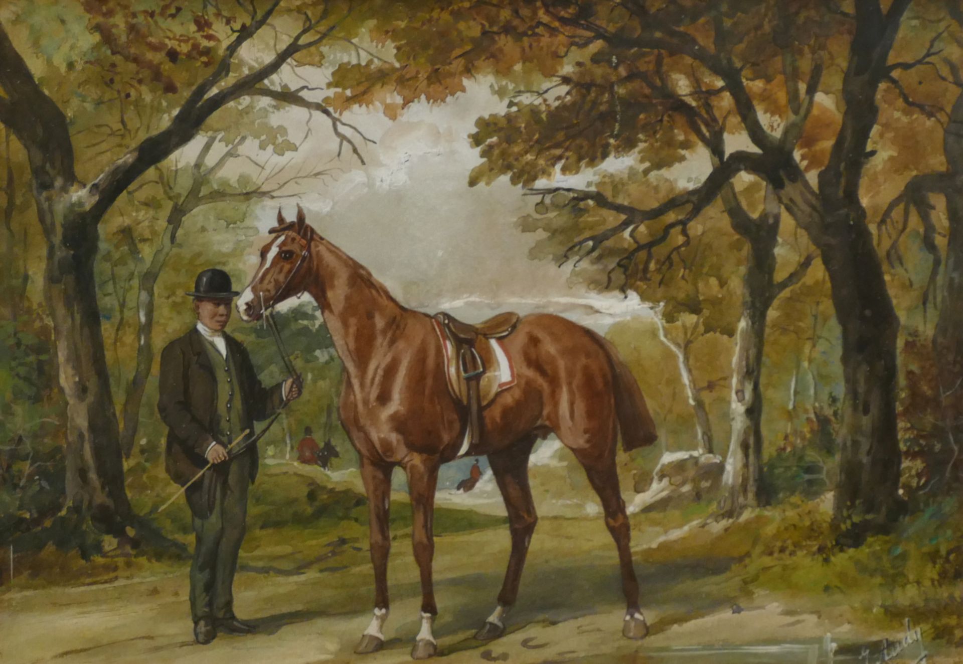 1 Aquarell J. AUDY (wohl Johnny A. activ 1850-1880) "Englischer Gentleman und sein Pferd"