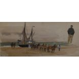 1 Aquarell/ Skizze unsign. "Fischerboot mit Pferdefuhrwerk und Personenstaffage am Strand", rücks. K