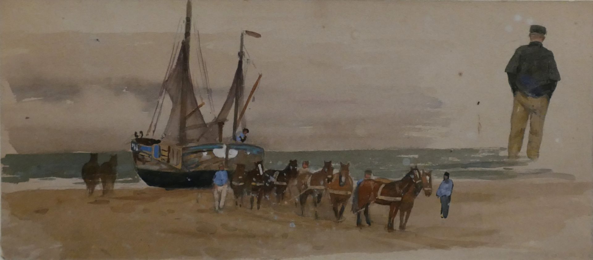 1 Aquarell/ Skizze unsign. "Fischerboot mit Pferdefuhrwerk und Personenstaffage am Strand", rücks. K