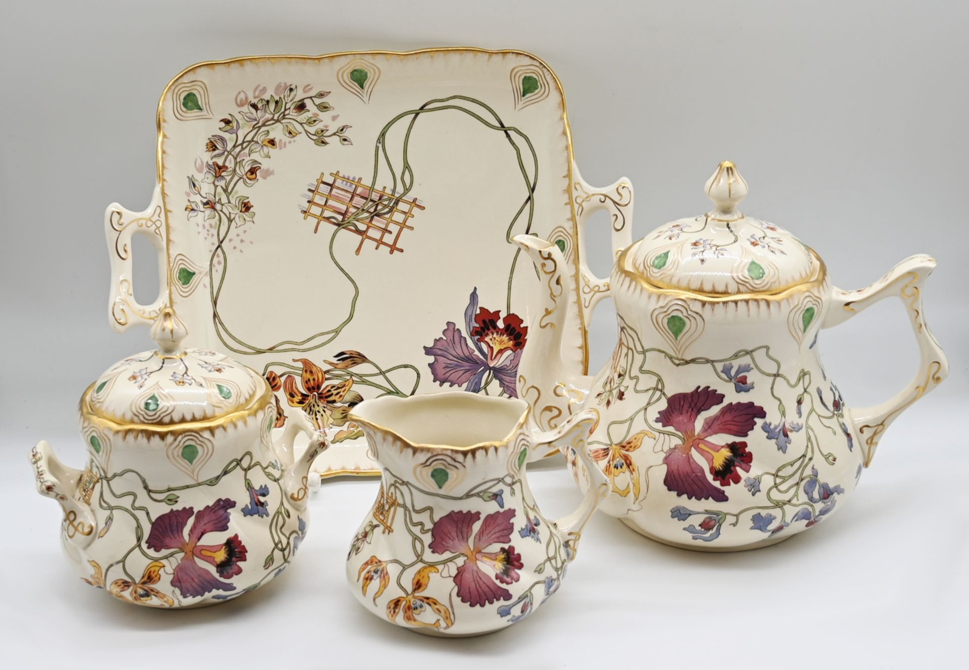 1 Teeservice Keramik UTZSCHNEIDER & Cie, SARREGUEMINES, Jugendstil-Dekor "Orchidées", 