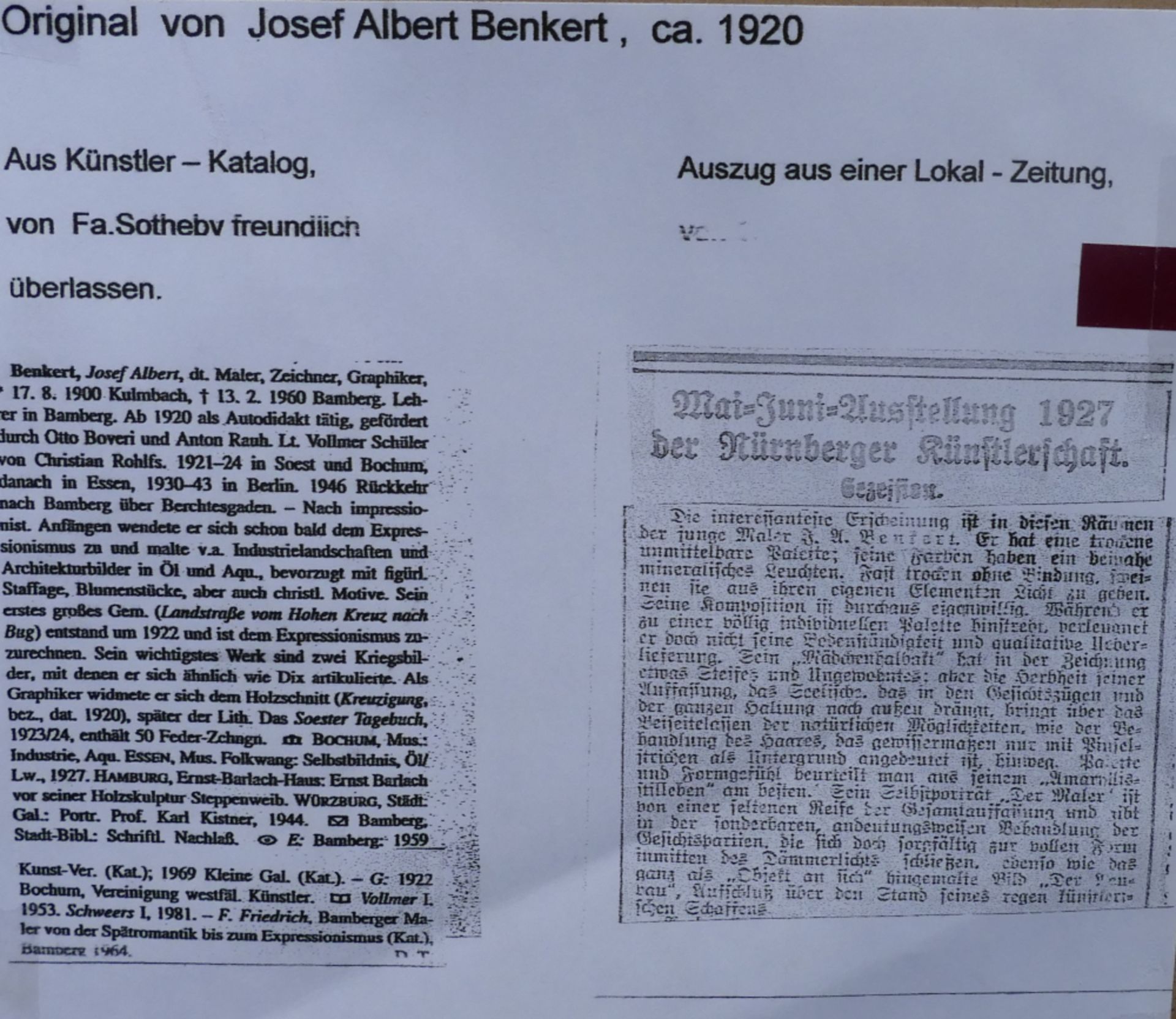 1 Aquarell r.u. sign. BENKERT (wohl Josef Albert B. 1900 Kulmbach-1960 Bamberg), dat. (19)25, "Bäume - Image 5 of 5