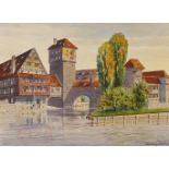 1 Aquarell r.u. sign. J. LUZ (20.Jh.) "Ansicht von Nürnberg mit Weinstadel und Henkersteg",
