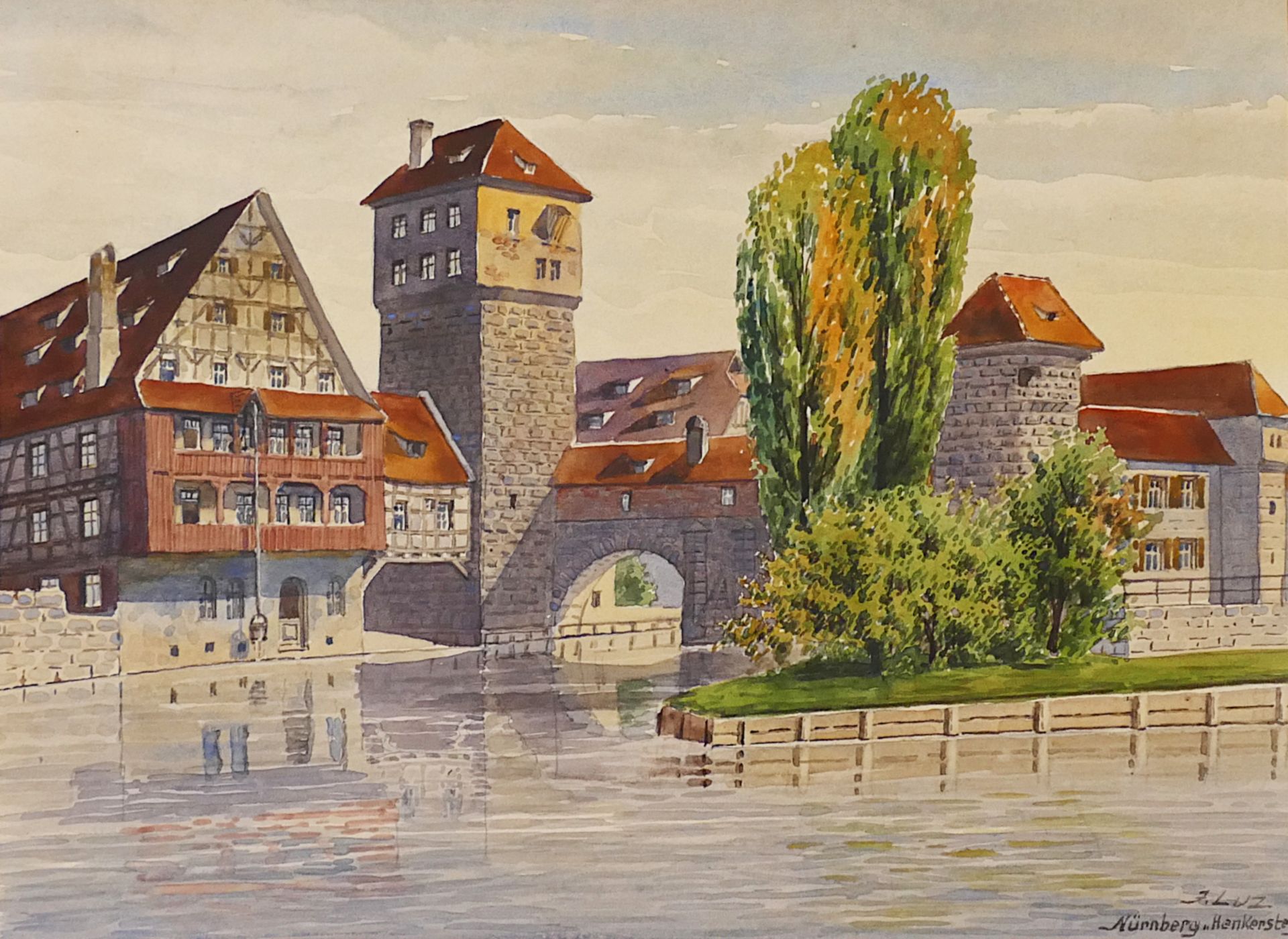 1 Aquarell r.u. sign. J. LUZ (20.Jh.) "Ansicht von Nürnberg mit Weinstadel und Henkersteg",