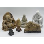 5 Figuren/1 Kerze je 20. versch. Buddha-Darstellungen, Stein/Wachs u.a., bis H ca. 19cm, z.T. min. b