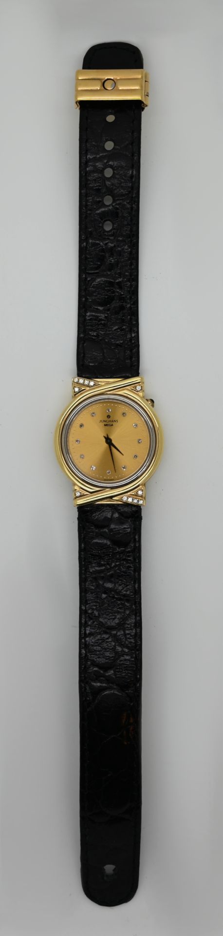 1 Armbanduhr JUNGHANS Mega, GG 14ct./Metall, mit Lederband und Brillanten (tw vvsi), mit Quittung, g - Bild 2 aus 3