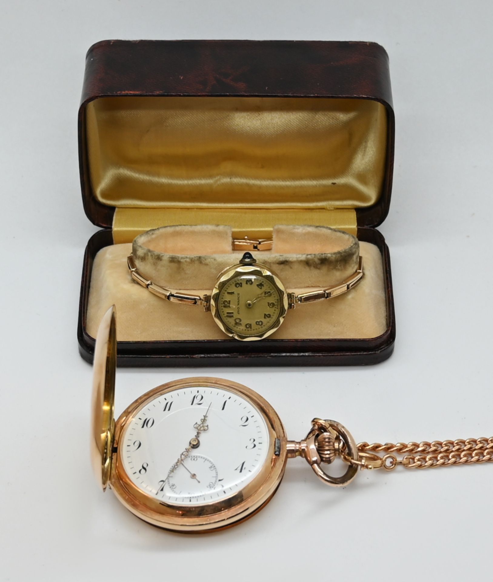 1 Damenarmbanduhr wohl um 1920, INO WATCH, Gehäuse GG 14ct., Band elastisch wohl z.T. GG 14ct. sowie