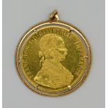 1 Goldmünzanhänger Österreich 4 Dukaten, Fassung GG 18ct., Gsp./Kratzer auf der Münze