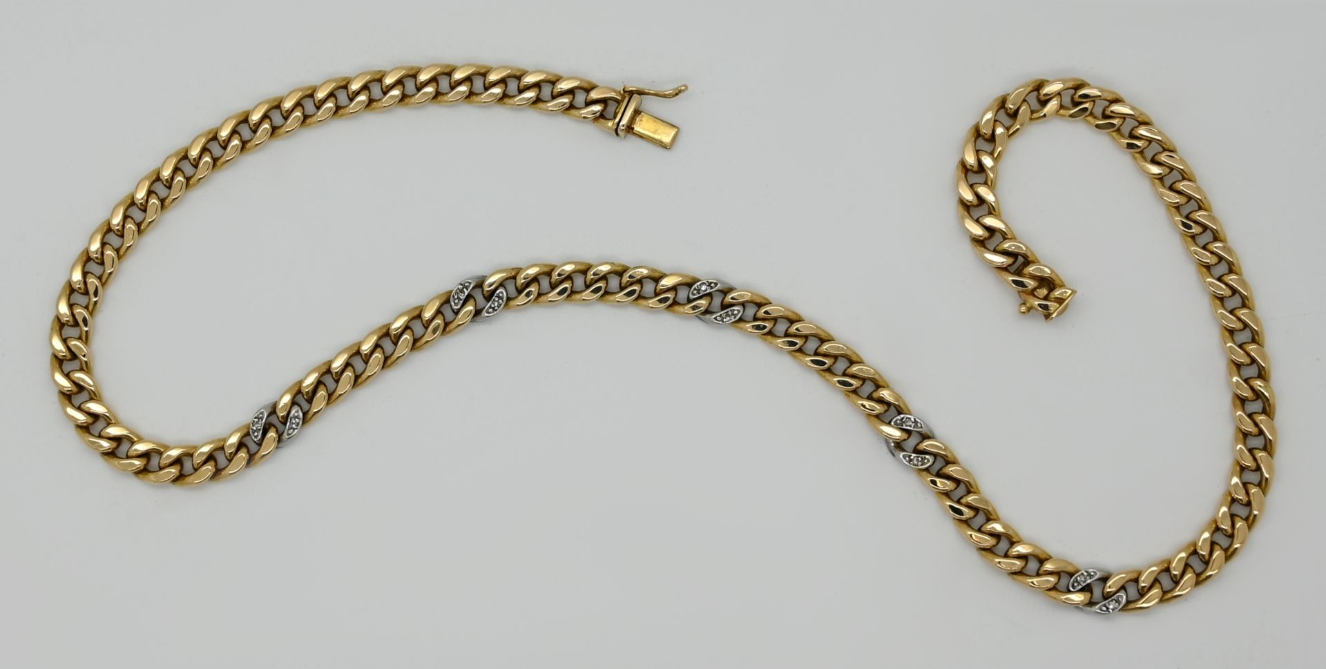 1 Gliedercollier GG/WG 14ct., mit kleinen Diamanten, Gesamtlänge ca. 41,5cm, min. Asp./Tsp.