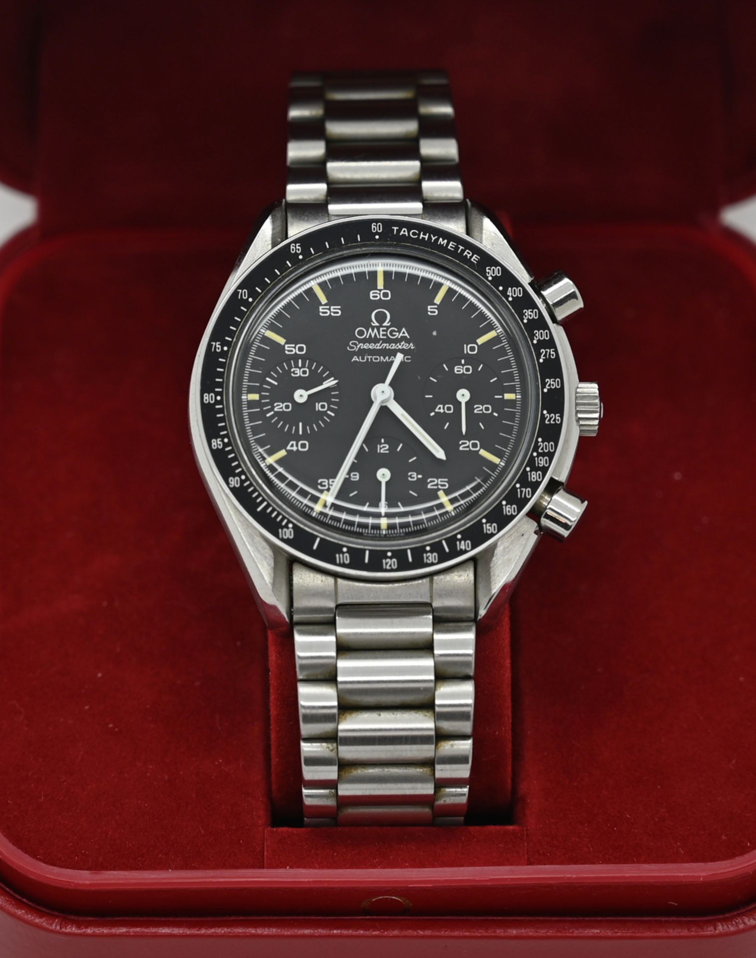 1 Herrenarmbanduhr OMEGA Speedmaster, Automatik, Edelstahl, mit Beschreibung und Papieren, gekauft 1