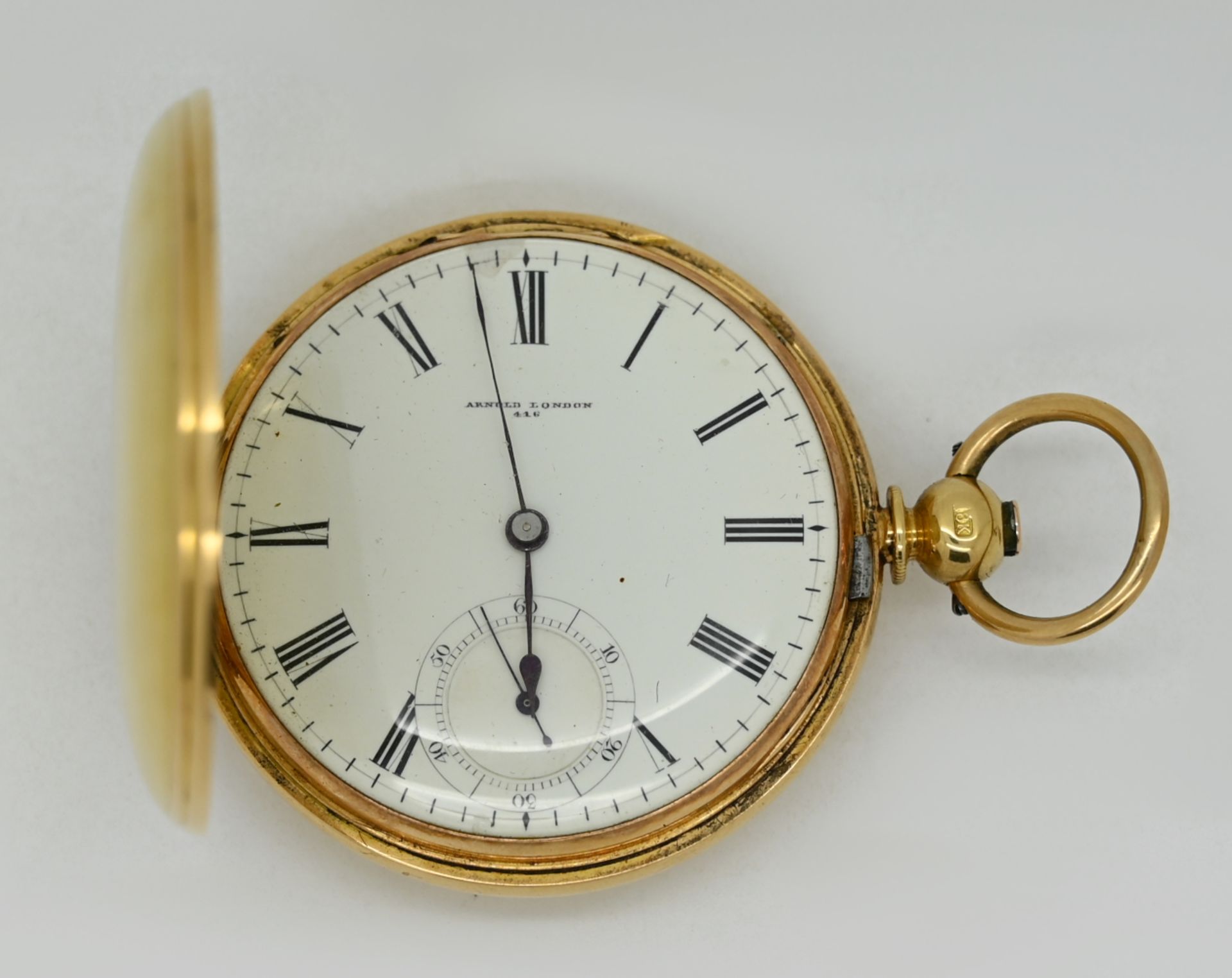 1 Herrentaschenuhr ARNOLD LONDON GG 18ct., Chronometre, Zifferblatt min. besch., Asp./Gsp./min. besc