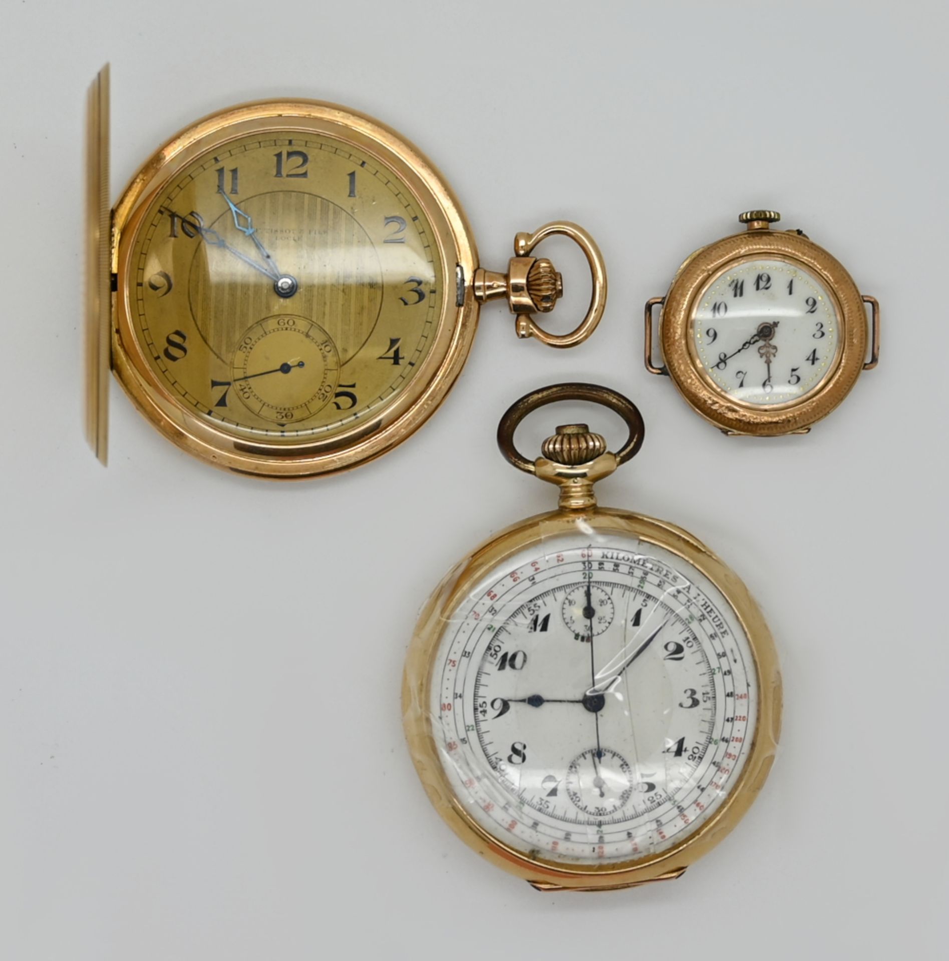2 Herrentaschenuhren, 1 Damentaschen-/Armbanduhrgehäuse, je GG 14ct., wohl je um 1900, z.T. TISSOT,