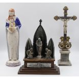 13 religiöse Figuren Holz/Porzellan/Metall u.a., 20. Jh., z.B. "Heiliger Paulus" ca. H 38cm, "Mondsi