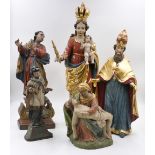 6 Holzfiguren 18. bis 20. Jh. je polychrom gefasst z.B. "Auferstandener Christus" ca. H 83cm, "Heili