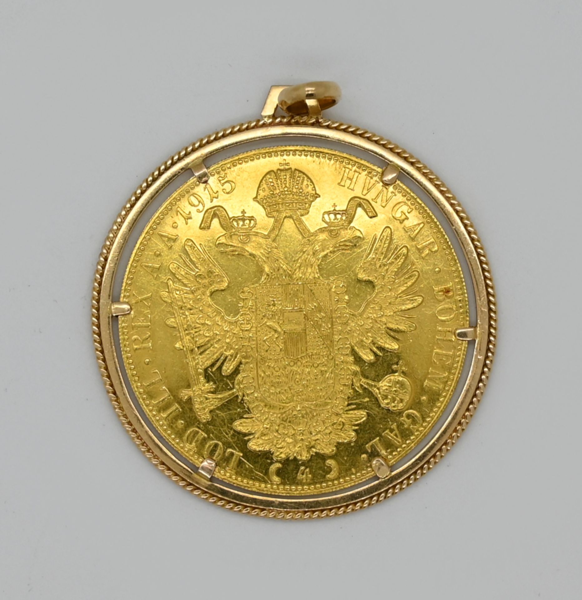 1 Goldmünzanhänger Österreich 4 Dukaten, Fassung GG 18ct., Gsp./Kratzer auf der Münze - Bild 2 aus 2