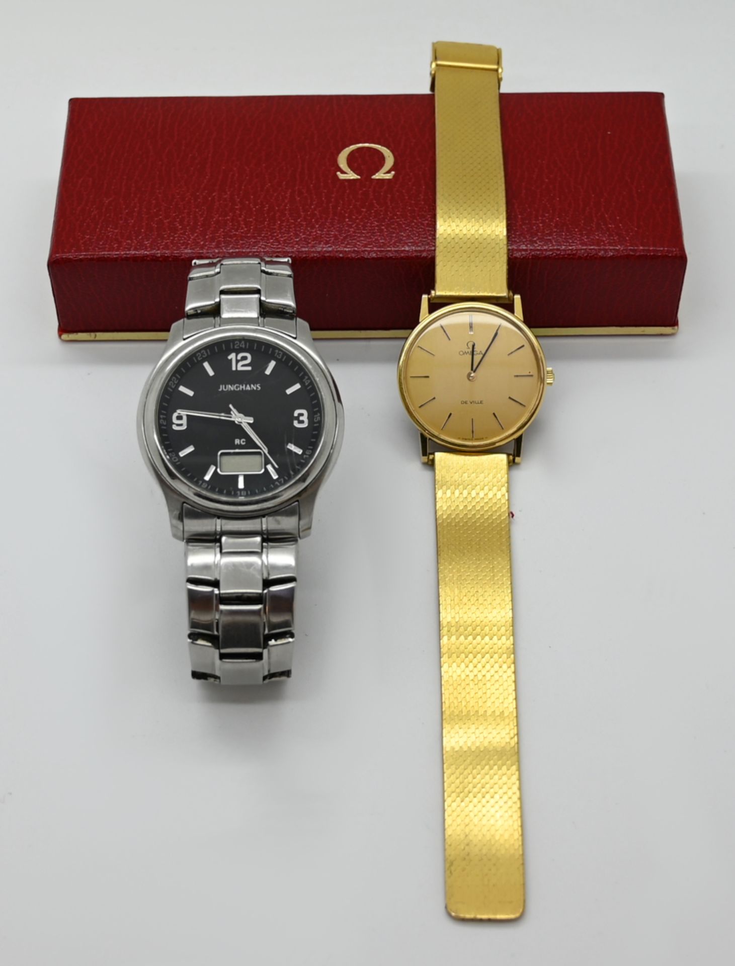 1 Armbanduhr OMEGA "De Ville", vergoldet, Handaufzug, Uhr läuft an sowie 1 Edelstahl-Herrenarmbanduh