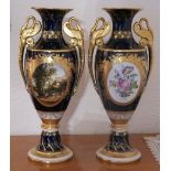 1 Pendant Vasen Herend, Kobalt und goldstaff., „Landschaften & Blumen“, H ca. 43 cm, Asp.