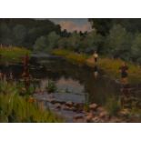 1 Ölgem. sign. Öl / Holz undeutl. sign. Jessica (?) „Angler am Fluss“, H ca. 42 cm B ca. 49 cm, Asp.