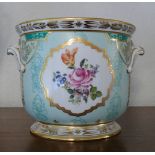 1 Cachepot Herend, türkiser Fond mit Blumenmuster, goldstaffiert, H ca. 20 cm, Durchm. ca. 23 cm, As