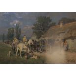 1 Ölgem. sign. W. Velten (wohl Wilhelm Velten 1847-1929) „Postkutsche mit Reiter“, H ca. 36, B ca. 4