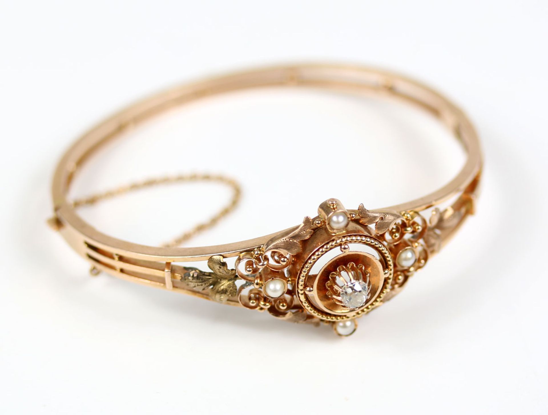 Antiker Roségold Armreif mit Diamant und Perlen