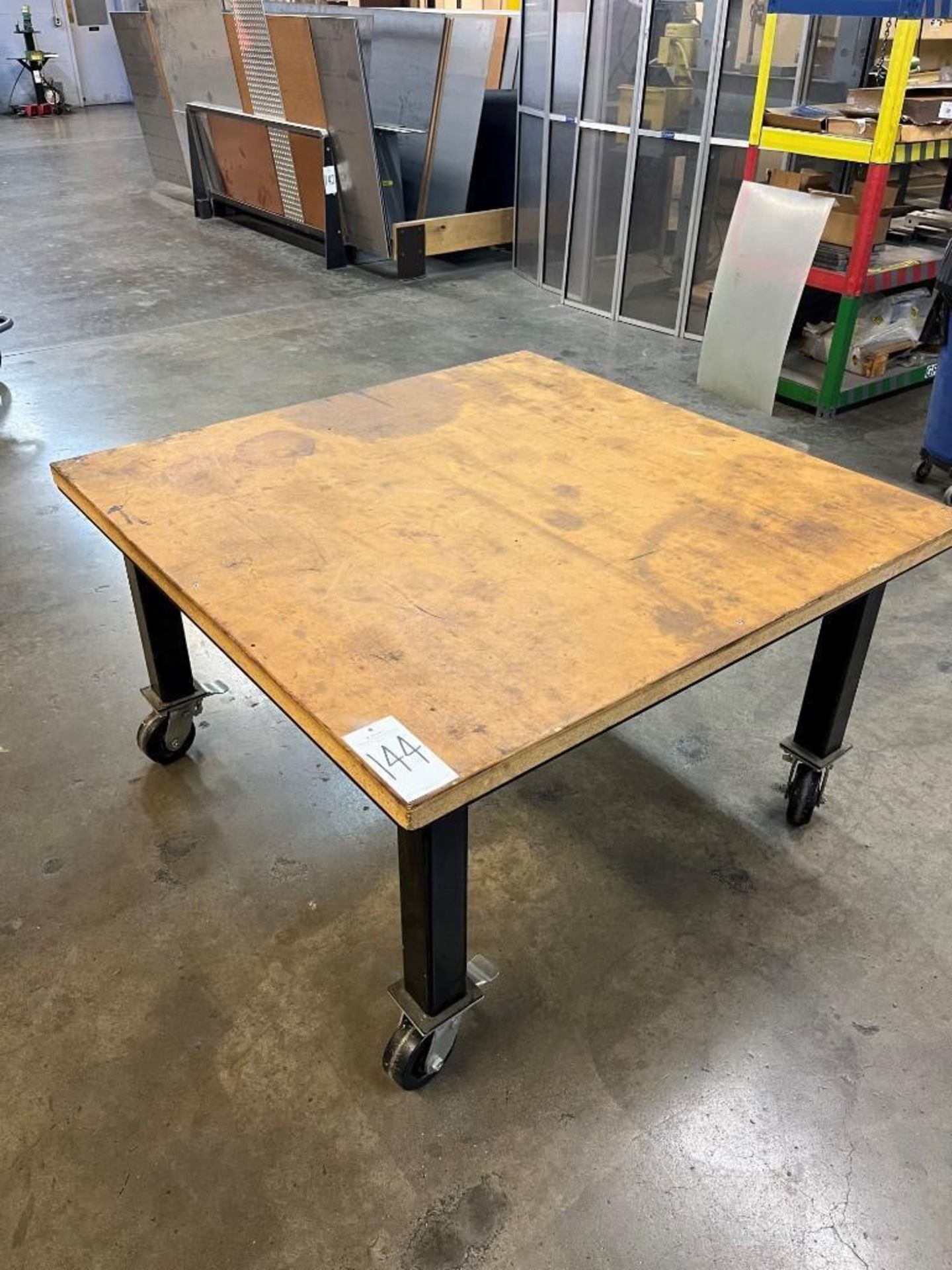 4’ x 4’ Wooden Top Rolling Table on Steel Base