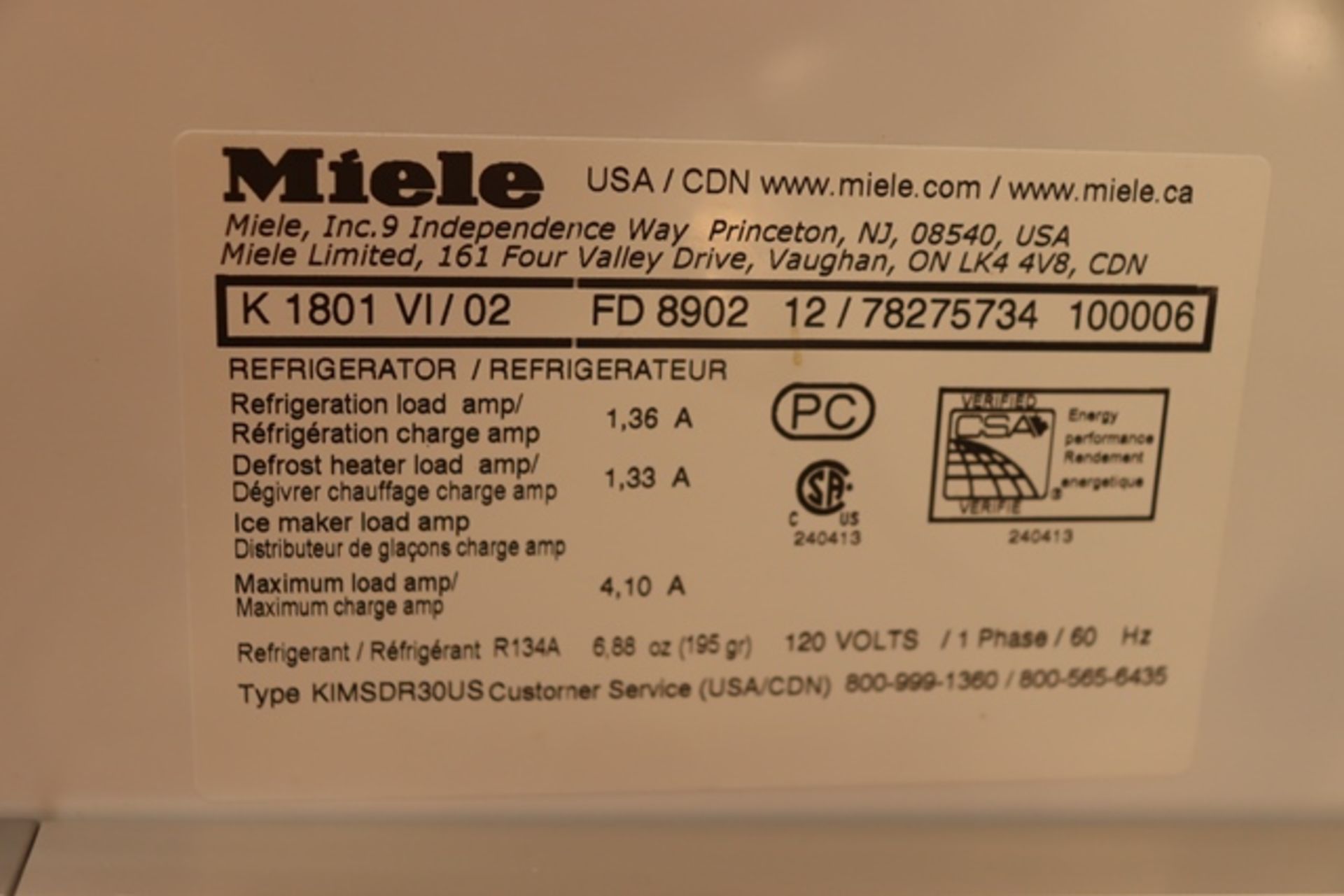 Miele K1801VI/02 Refridgerator and Miele F1811VI/02 freezer with paneled fr - Image 5 of 7