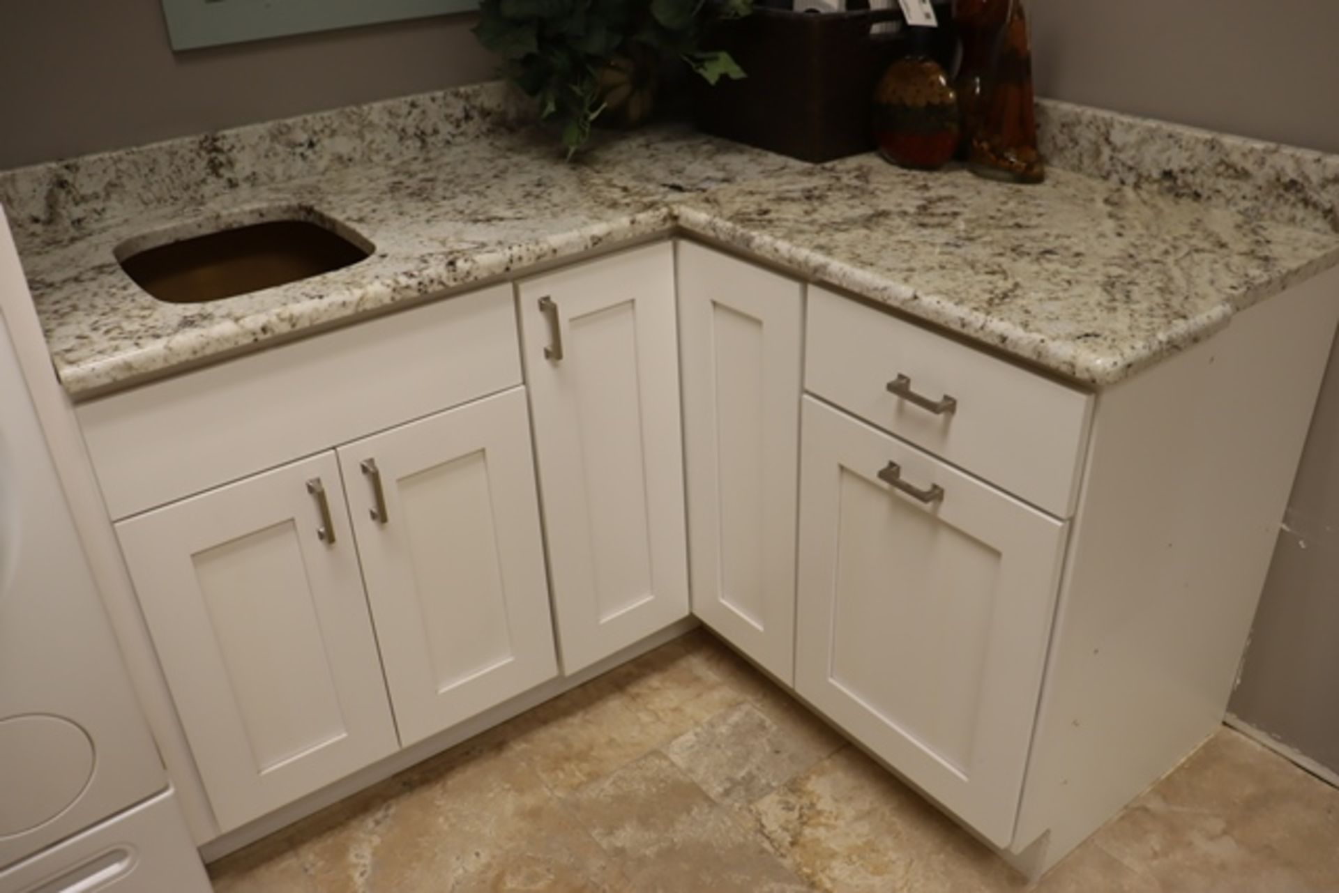 135" x 92" tall white "L" shaped laundry room cabinet with solid surface to - Image 2 of 3