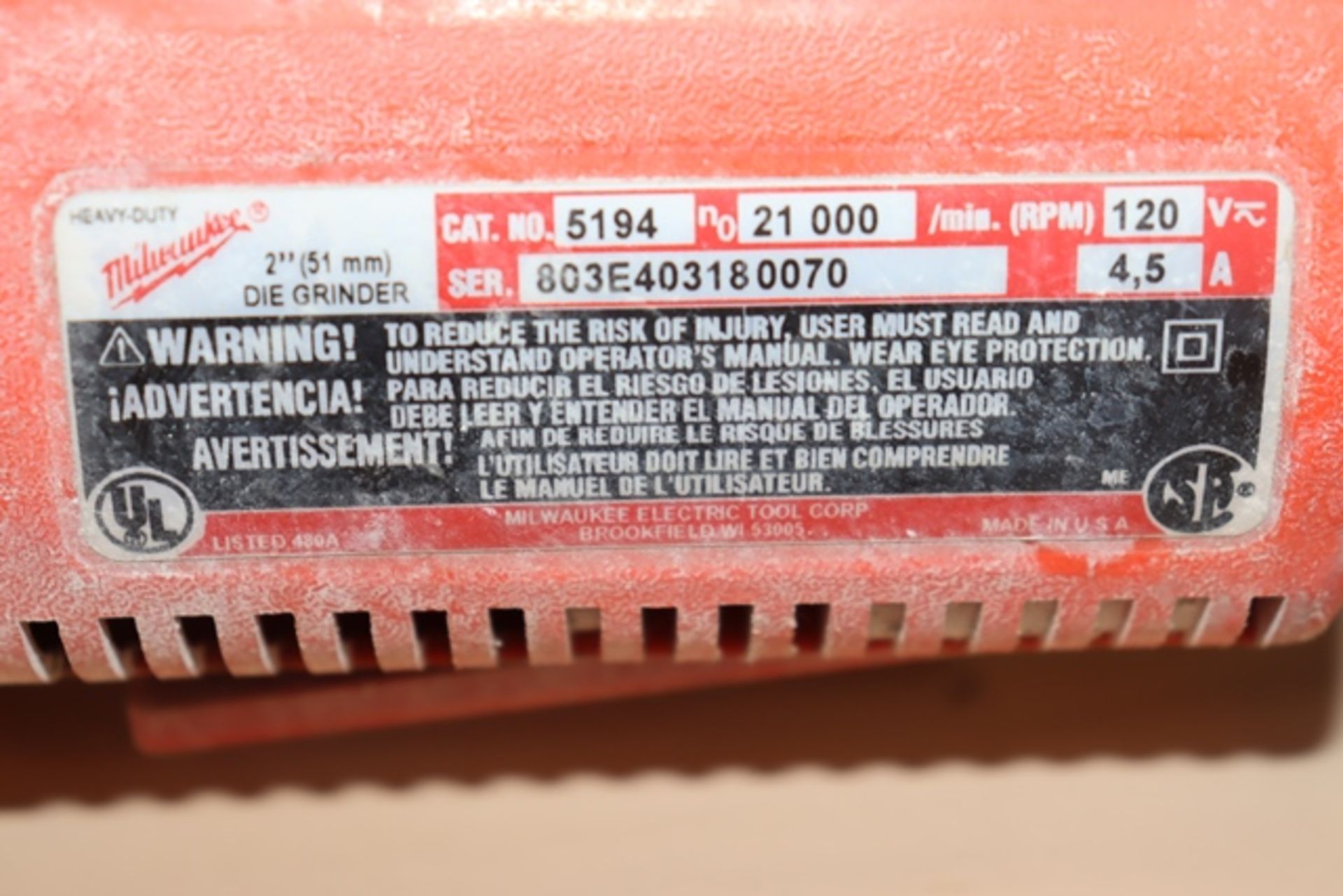 Milwaukee 5194 electric 2" die grinder - Image 2 of 3