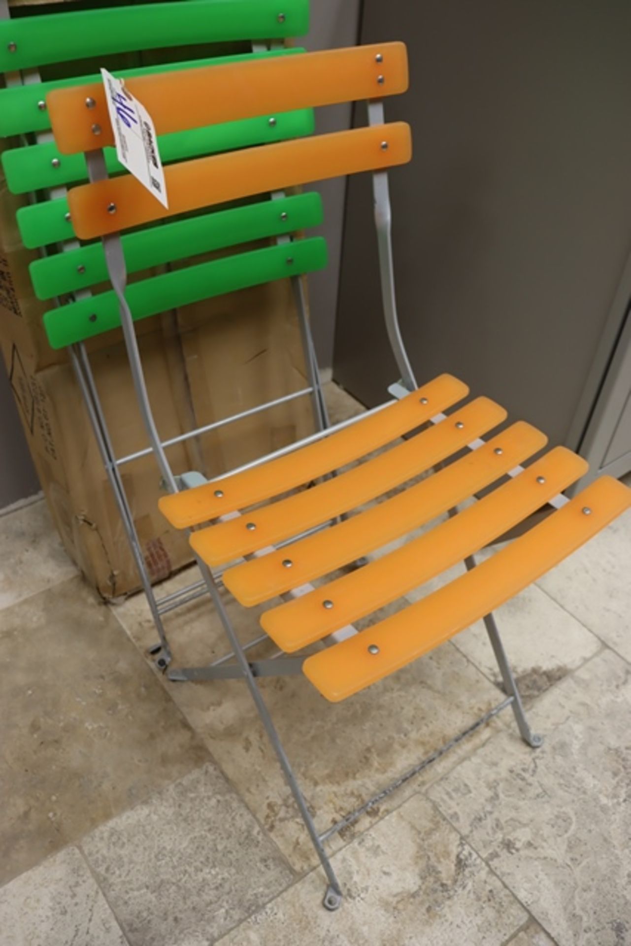 2 sets of metal framed orange & green poly chairs