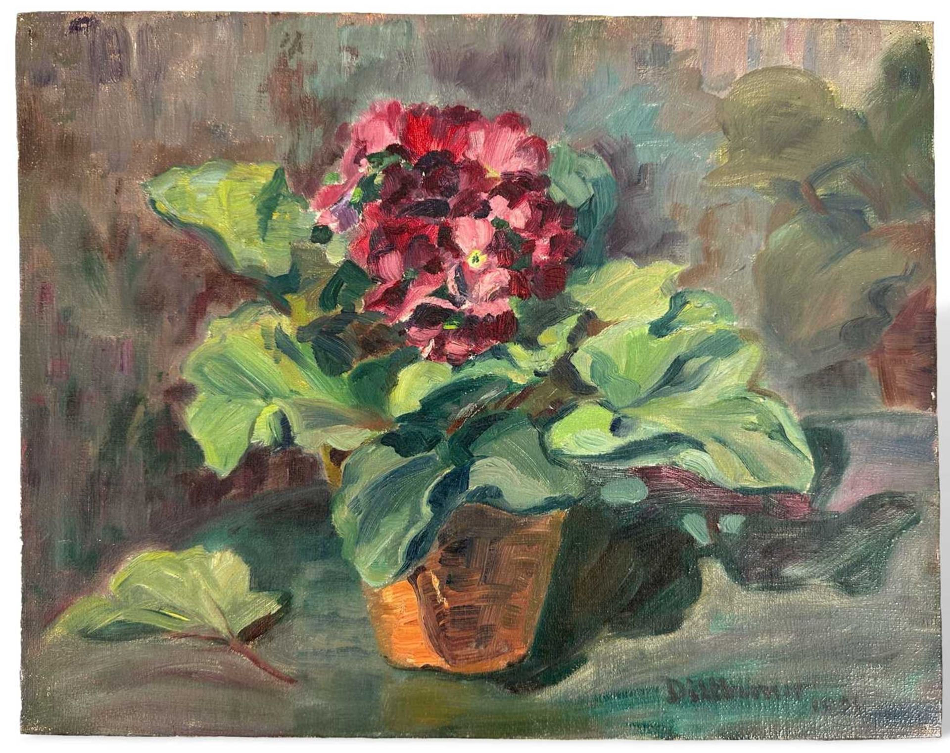 Dittberner, Paula (geboren vor 1900), Ölgemälde Stillleben Primeltopf auf Gartentisch