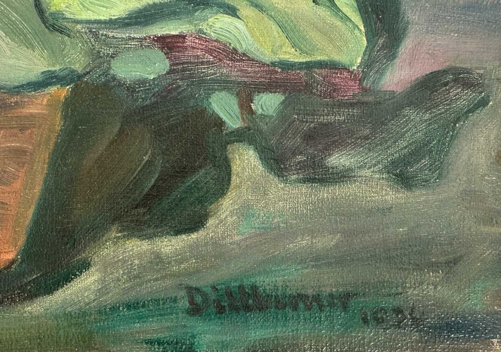 Dittberner, Paula (geboren vor 1900), Ölgemälde Stillleben Primeltopf auf Gartentisch - Bild 4 aus 6