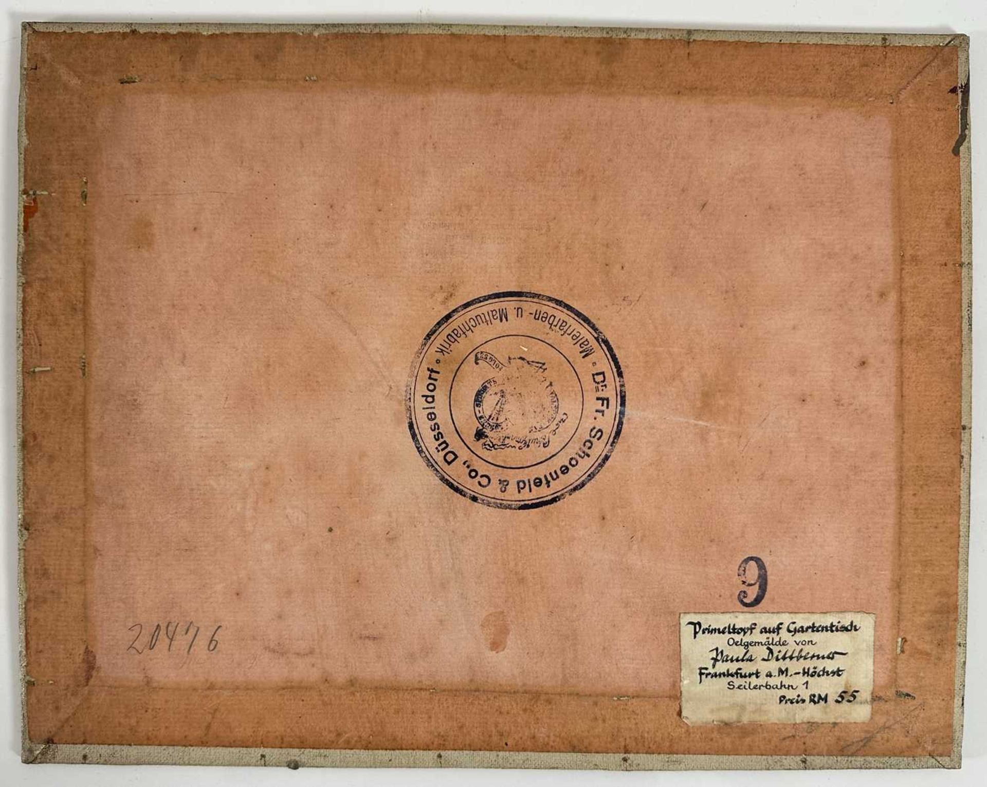 Dittberner, Paula (geboren vor 1900), Ölgemälde Stillleben Primeltopf auf Gartentisch - Bild 6 aus 6