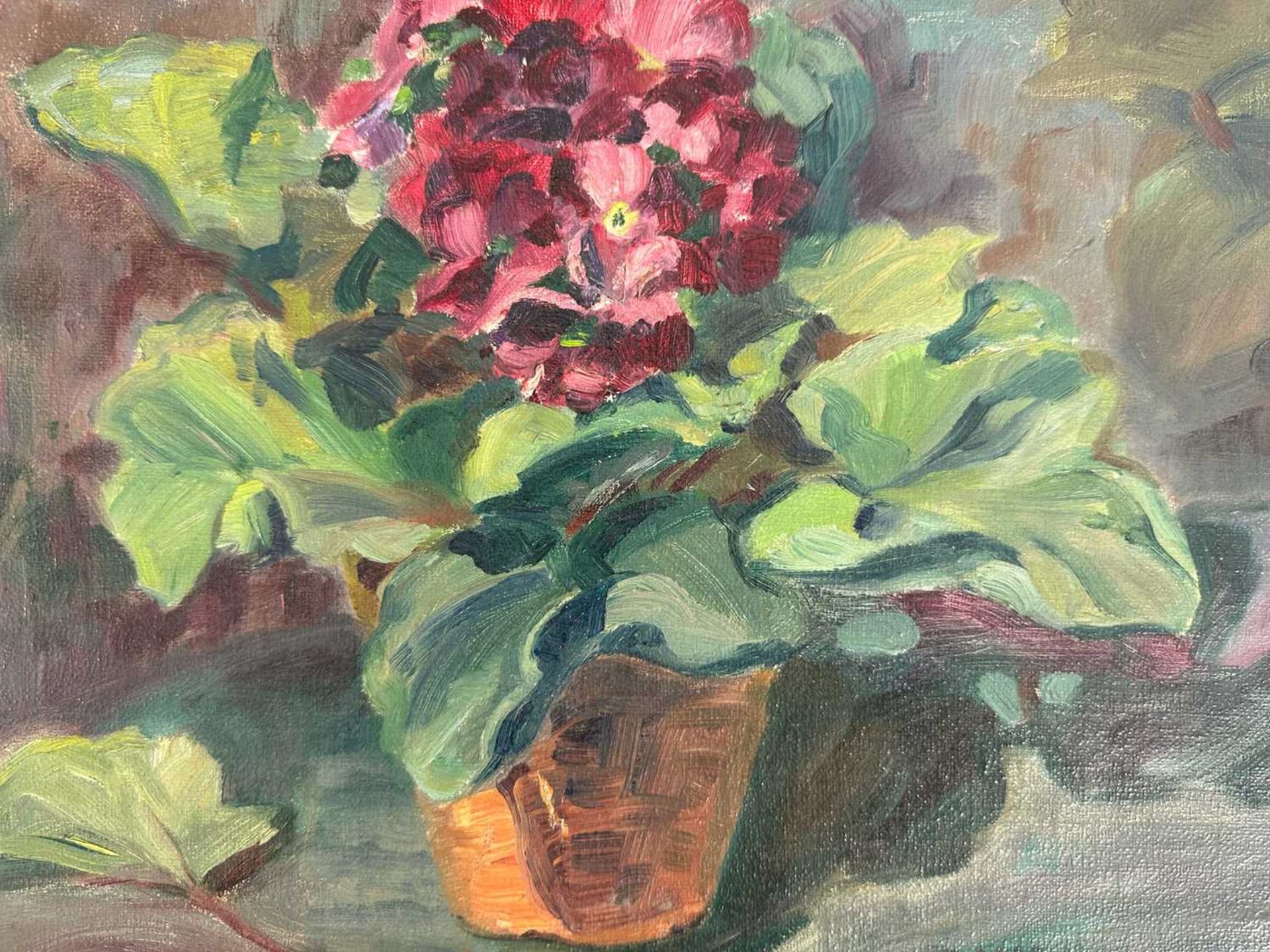 Dittberner, Paula (geboren vor 1900), Ölgemälde Stillleben Primeltopf auf Gartentisch - Bild 3 aus 6