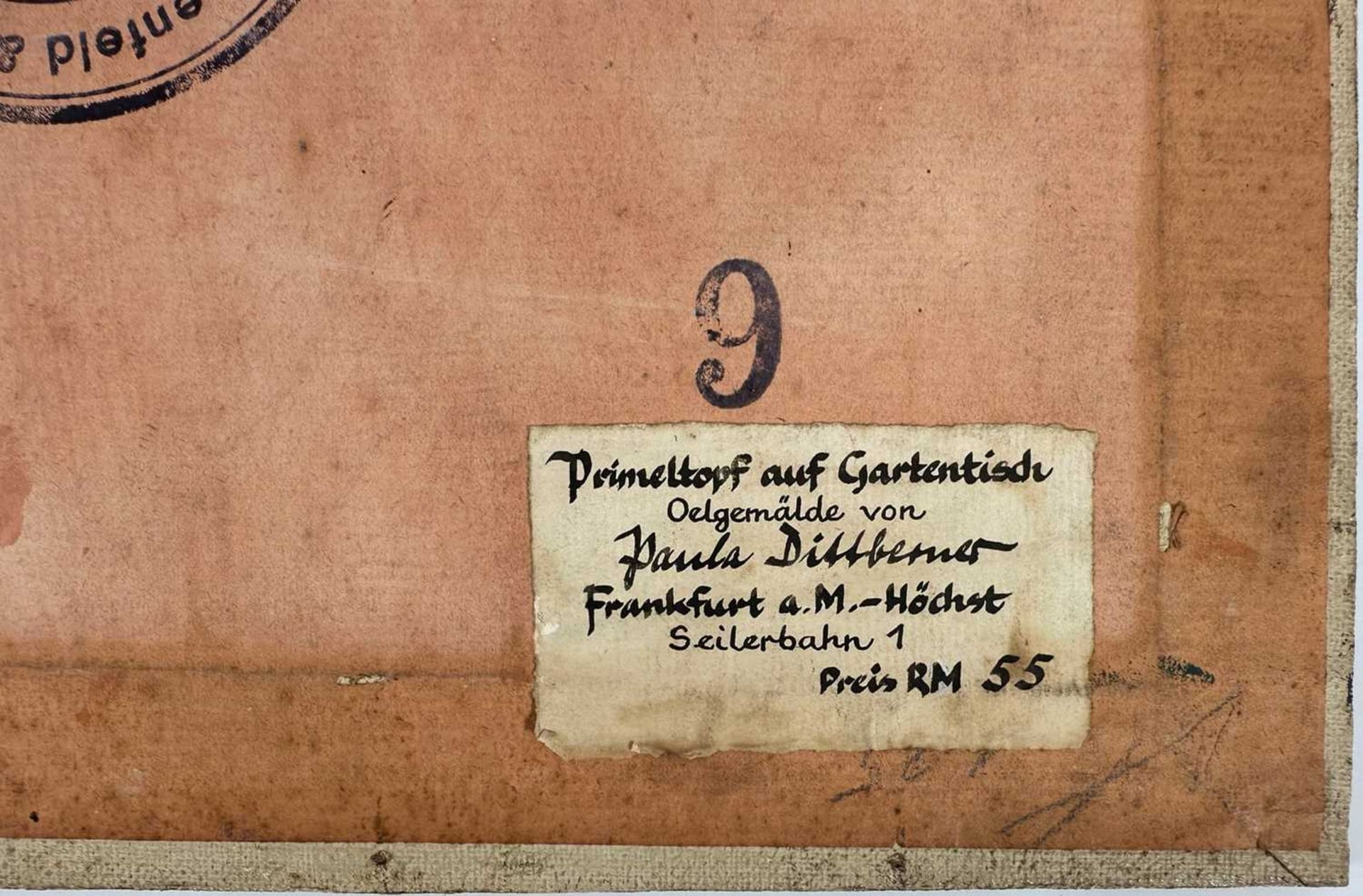 Dittberner, Paula (geboren vor 1900), Ölgemälde Stillleben Primeltopf auf Gartentisch - Bild 5 aus 6