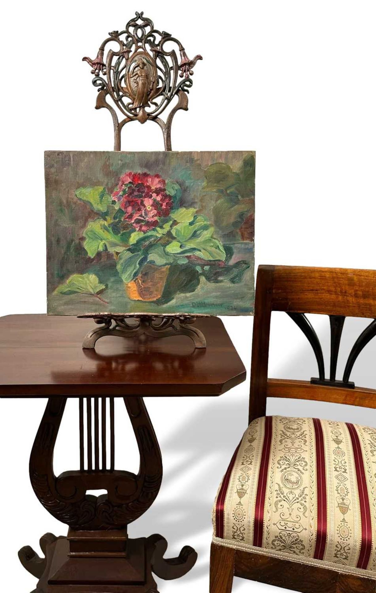 Dittberner, Paula (geboren vor 1900), Ölgemälde Stillleben Primeltopf auf Gartentisch - Bild 2 aus 6