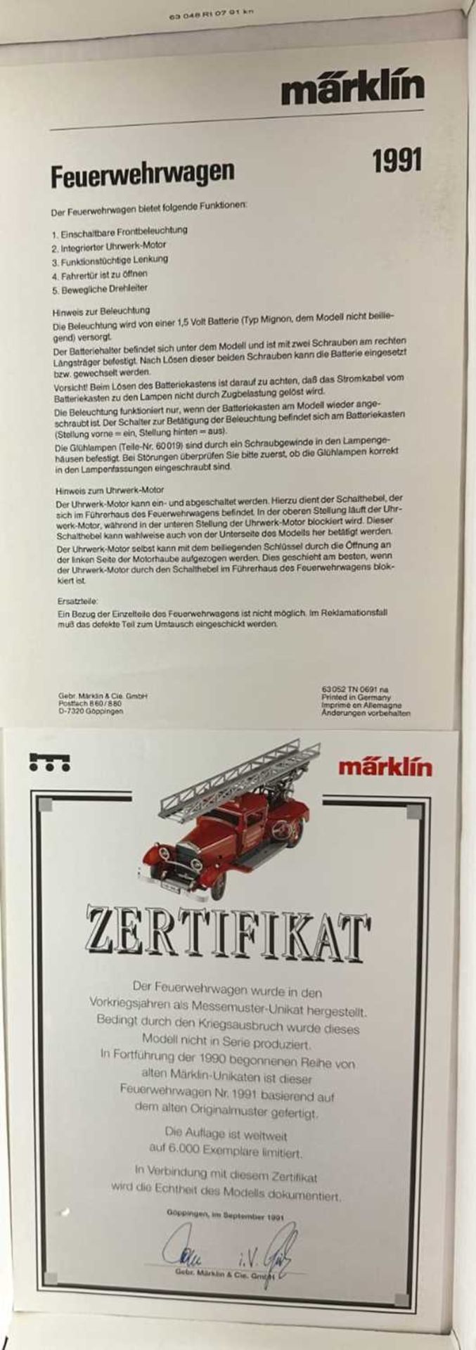Märklin Metall 1991 Feuerwehrwagen Werksfeuerwehr Göppingen, mit Originalverpackung und Zertifikat - Bild 4 aus 4