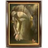 Ölgemälde, rückseitig kyrillischer Stempel, Höhle Frau Kind mit Fabelwesen an der Leine, abstrakt